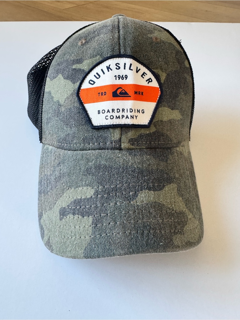 Quiksilver Camo Trucker Cap with Orange Logo Patch